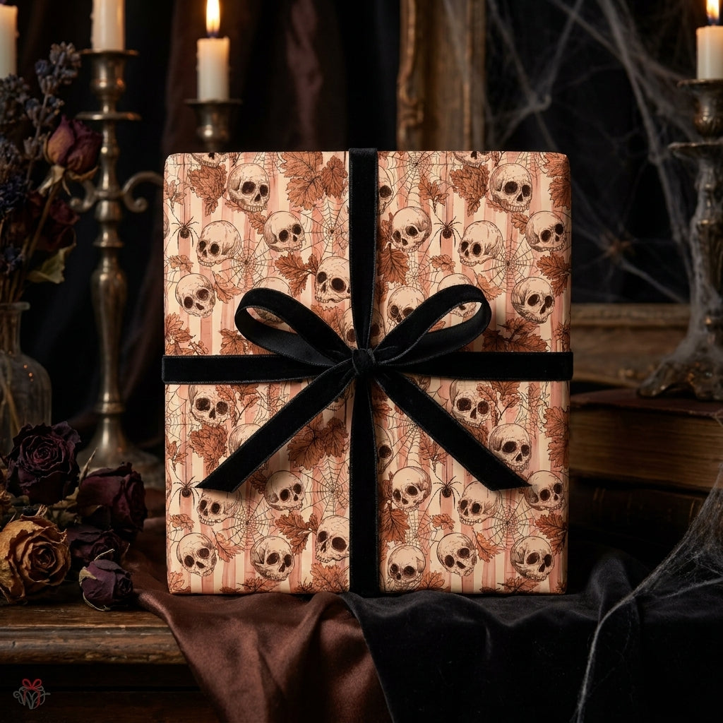 Gothic skull wrapping paper with a black velvet bow for spooky Halloween gifts by Wrapped Studios.
