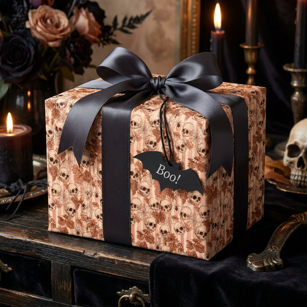 Vintage skull Halloween wrapping paper with a black satin bow by Wrapped Studios.