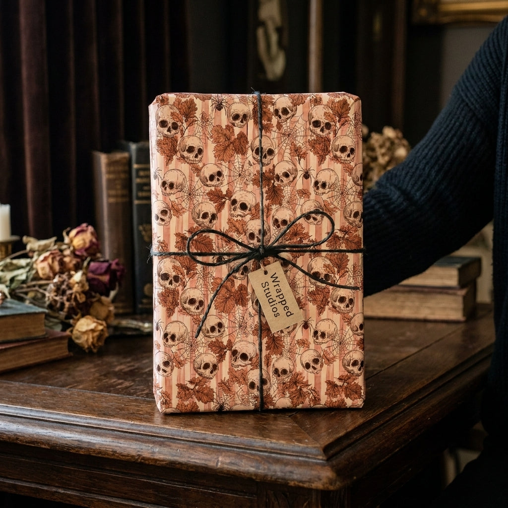 Gothic skull Halloween wrapping paper with black twine bow and Wrapped Studios tag.