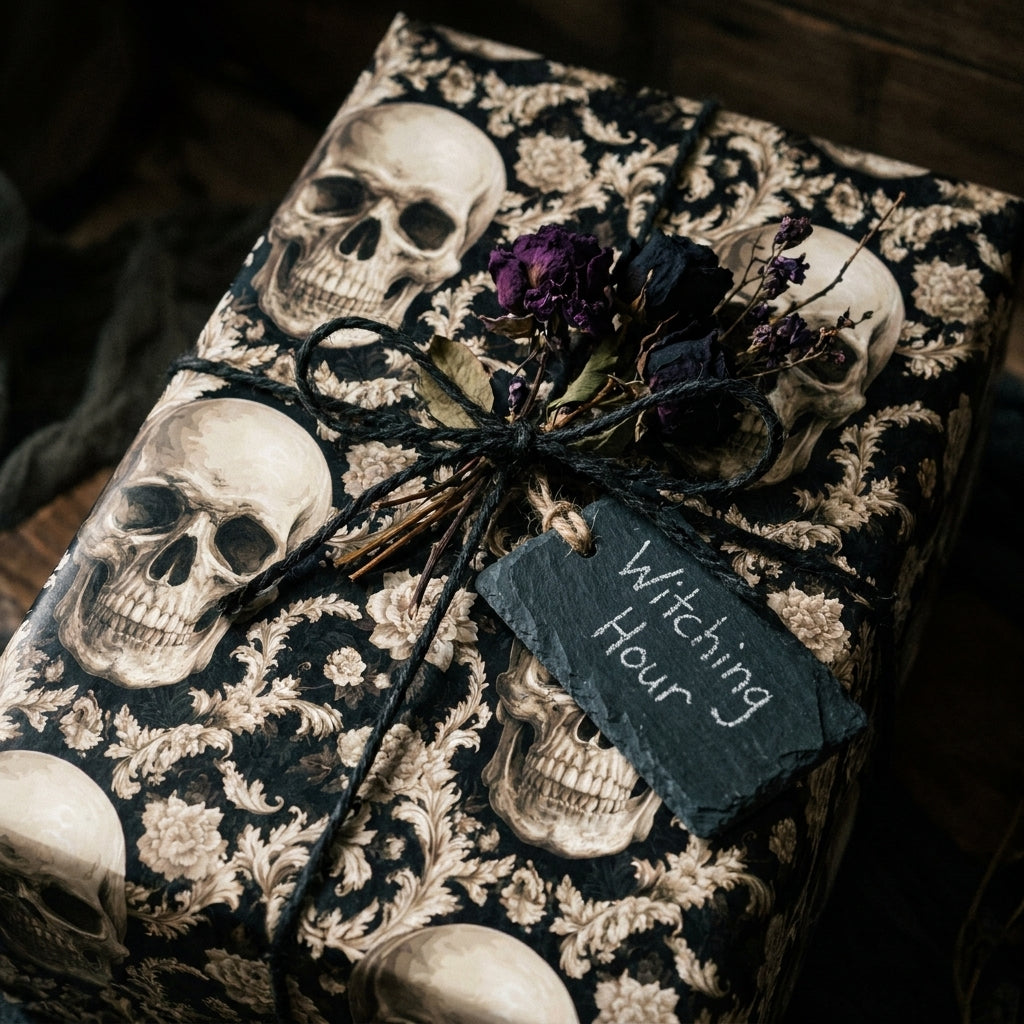 Gothic skull wrapping paper by Wrapped Studios with dried roses and a Witching Hour tag on a gift.
