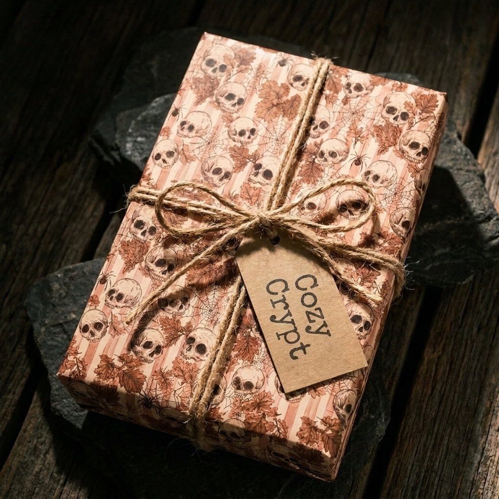 Gothic skull wrapping paper with a twine bow on a rustic gift by Wrapped Studios.