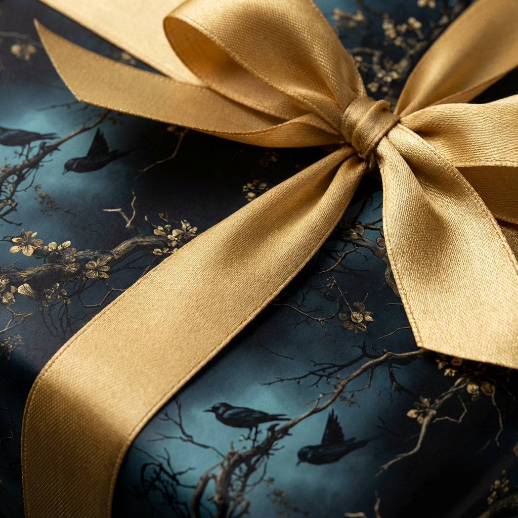 Elegant midnight blue gift wrapped with a gold satin ribbon and bird and blossom pattern.