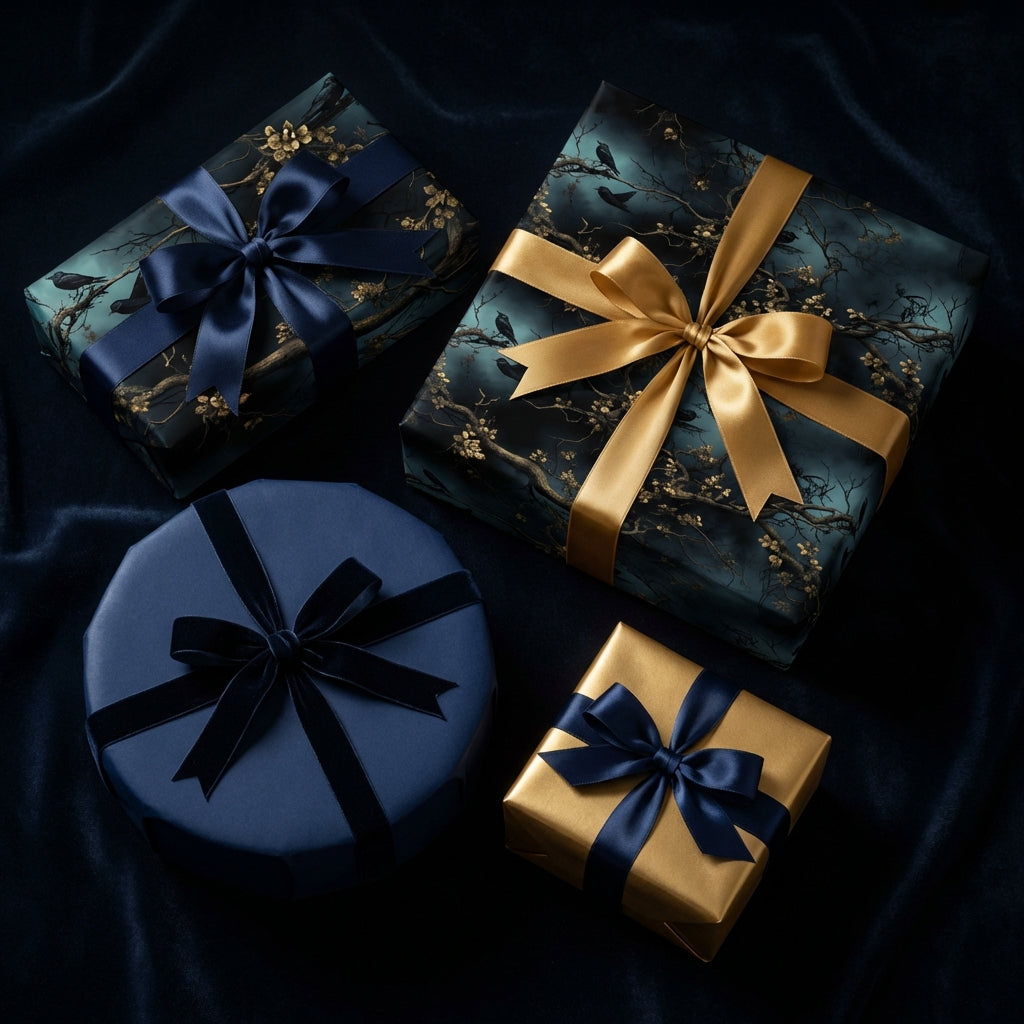 Elegant gifts wrapped in dark floral wrapping paper with gold and navy ribbon.