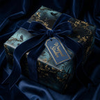 Wrapped Studios luxury gift wrap: Square gift box in crow and blossom pattern with blue velvet ribbon.