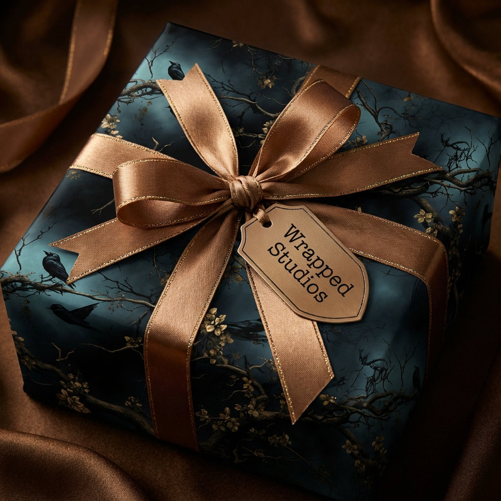 Elegant gift wrapped in navy floral wrapping paper with gold ribbon, from Wrapped Studios.