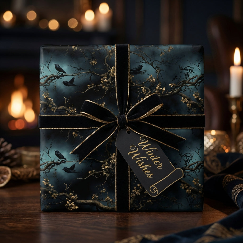 Elegant winter wishes gift wrapped in dark blue floral wrapping paper with black velvet ribbon.
