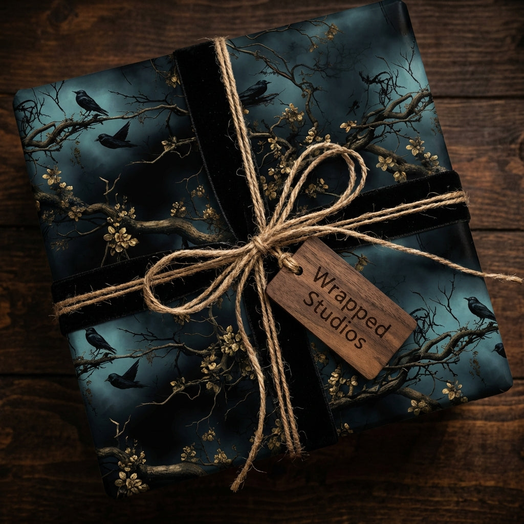 Wrapped Studios elegant gift with floral and raven wrapping paper, tied with jute twine.