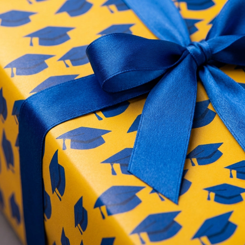 Yellow and blue graduation wrapping paper with mortarboard pattern and satin bow by Wrapped Studios.