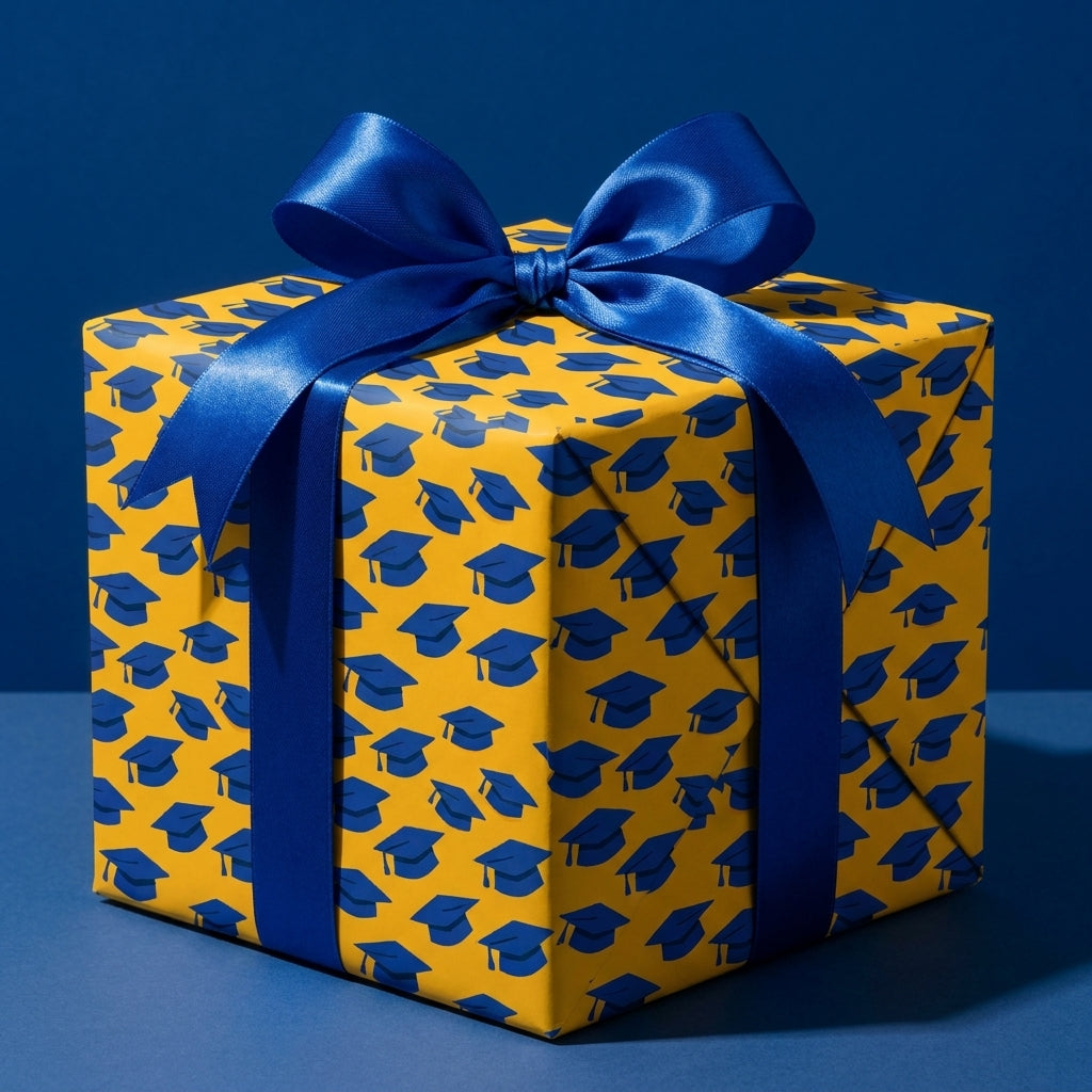 Yellow and blue graduation wrapping paper with graduation cap pattern and satin ribbon, by Wrapped Studios.