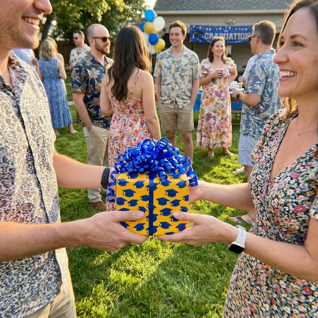 Yellow graduation wrapping paper with blue caps on a gift held by a couple, by Wrapped Studios.