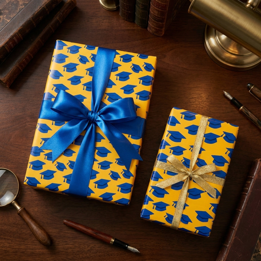 Graduation wrapping paper featuring blue caps on yellow with blue and gold ribbons by Wrapped Studios.