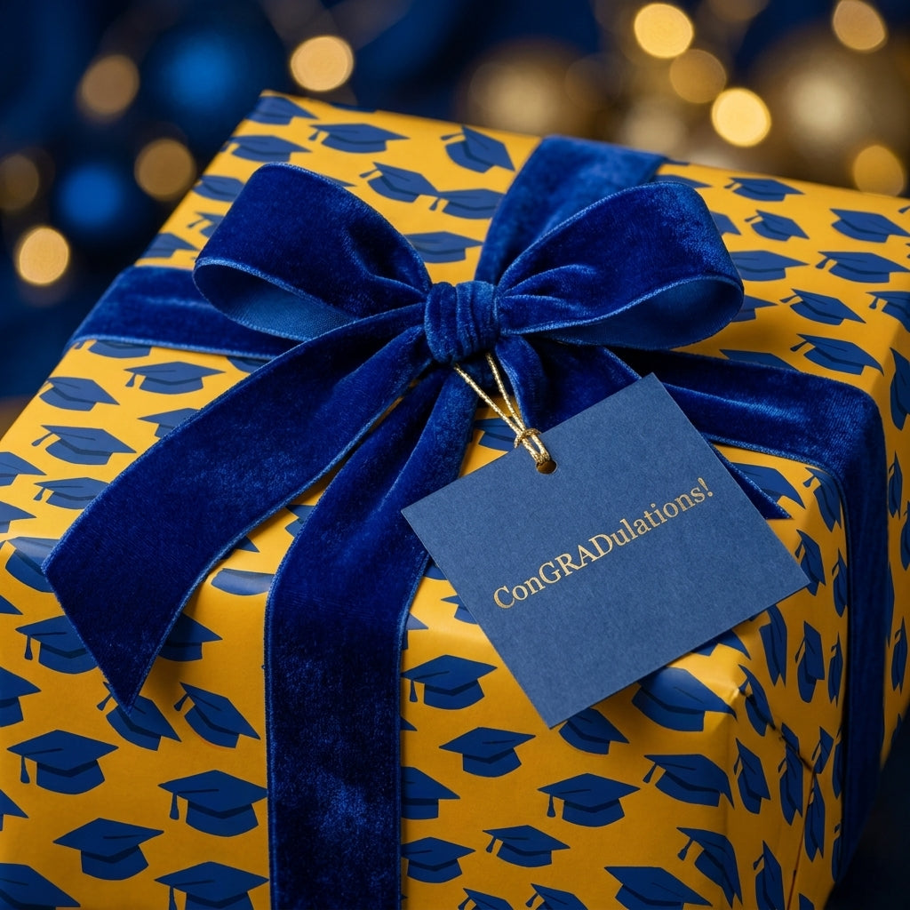 Blue and gold graduation wrapping paper with velvet ribbon and congratulations tag by Wrapped Studios.
