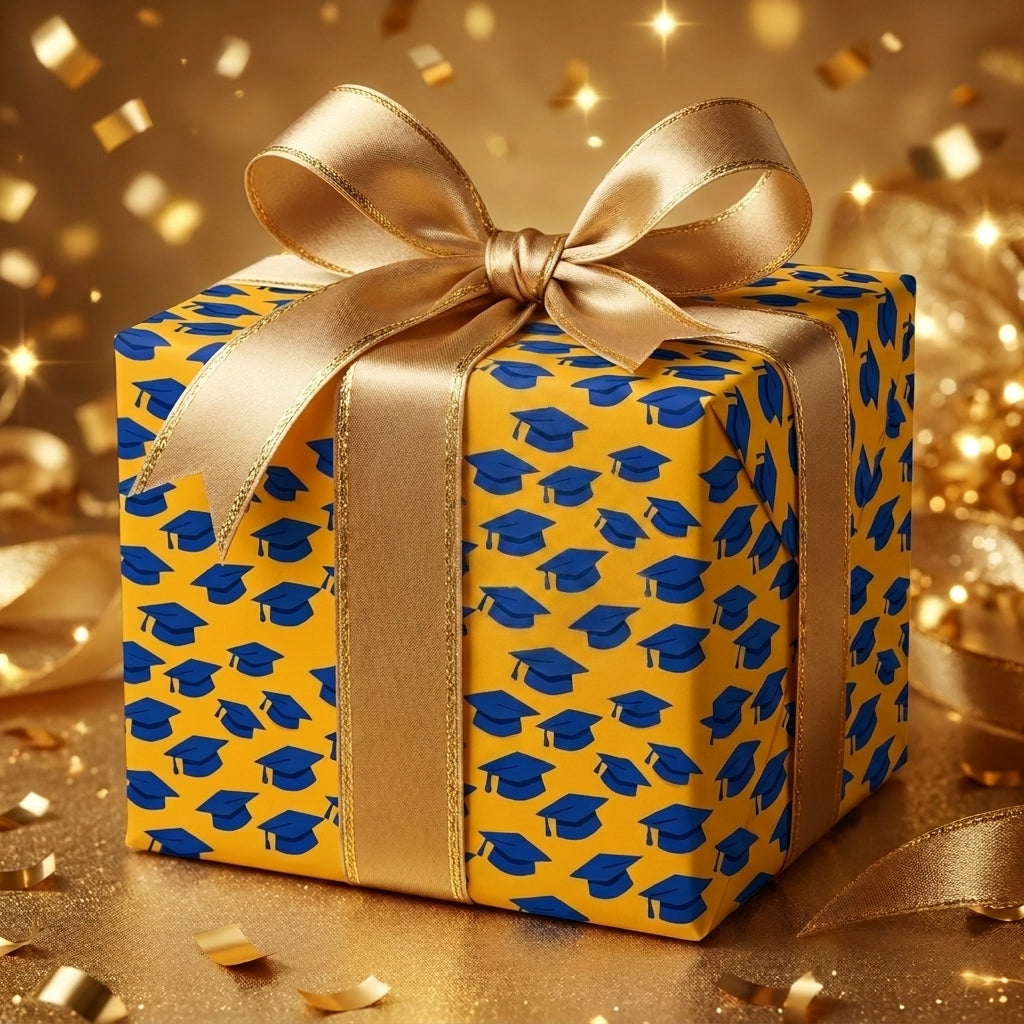 Graduation cap wrapping paper in yellow and blue with a gold bow by Wrapped Studios.
