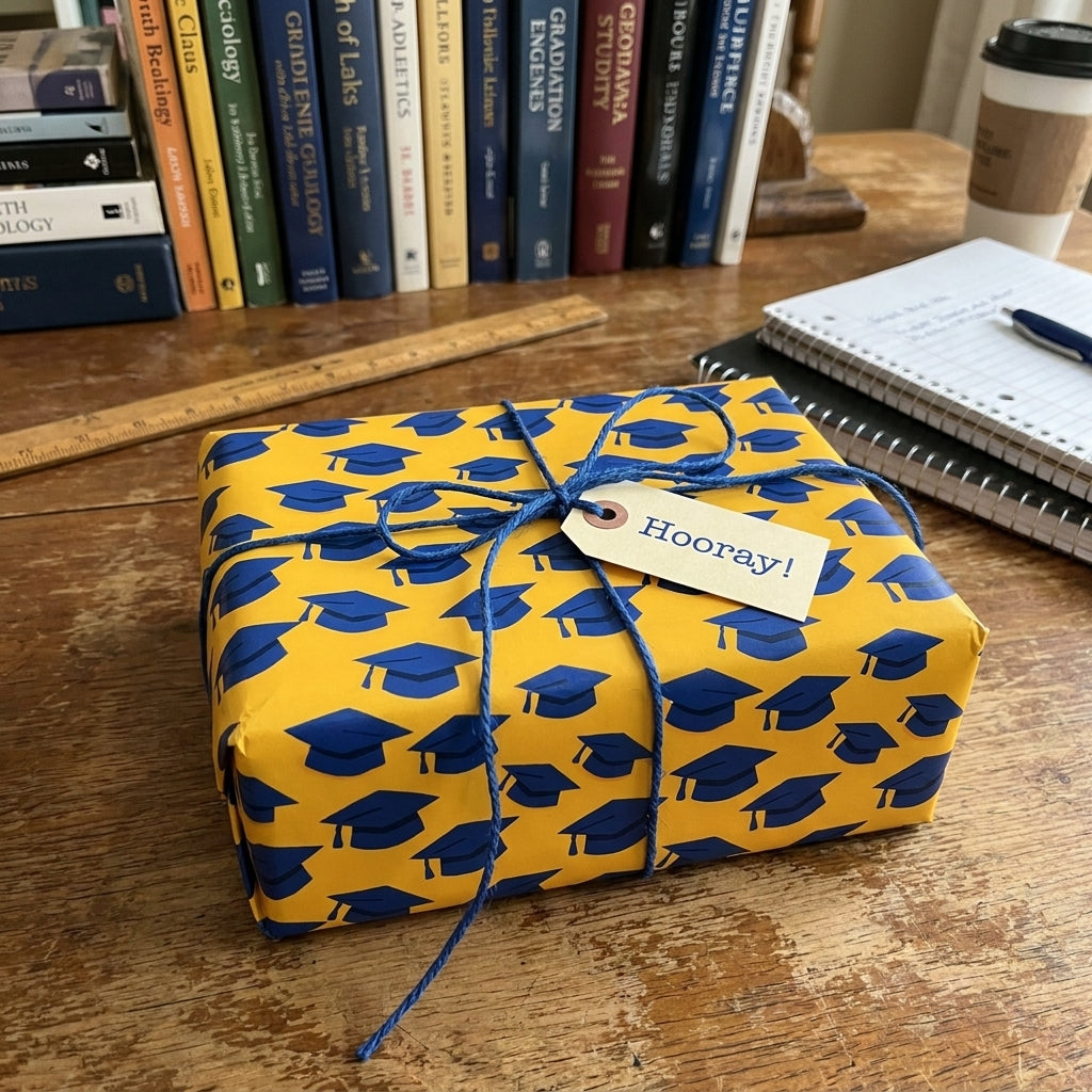 Graduation wrapping paper with yellow and blue mortarboard cap pattern and twine bow, by Wrapped Studios.