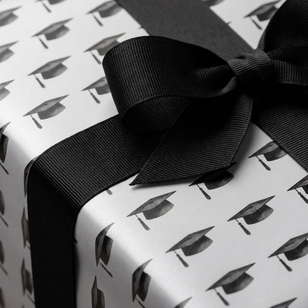 Graduation wrapping paper with black mortarboard caps and a black grosgrain bow by Wrapped Studios.