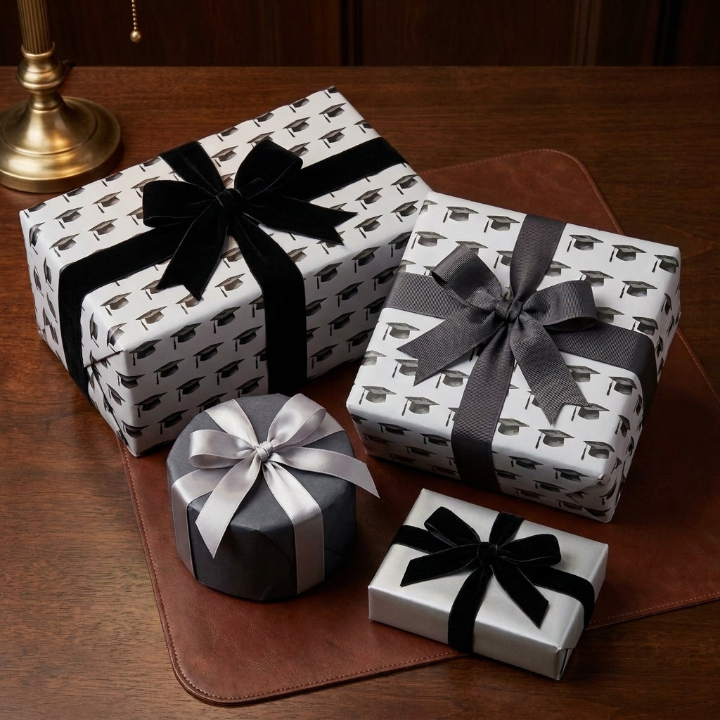 Graduation wrapping paper with a black mortarboard pattern and elegant bows by Wrapped Studios.