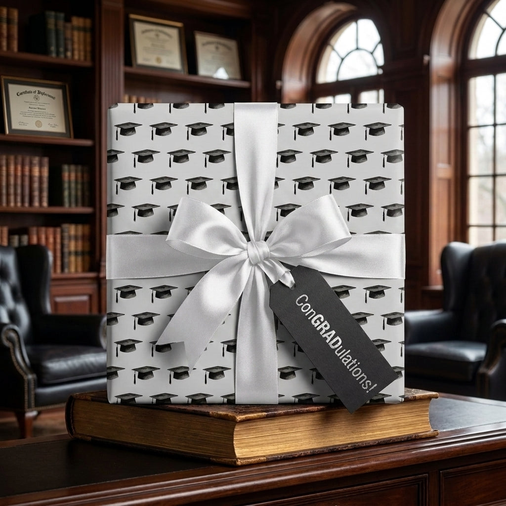 Graduation wrapping paper with black cap pattern, white satin ribbon, and tag by Wrapped Studios.