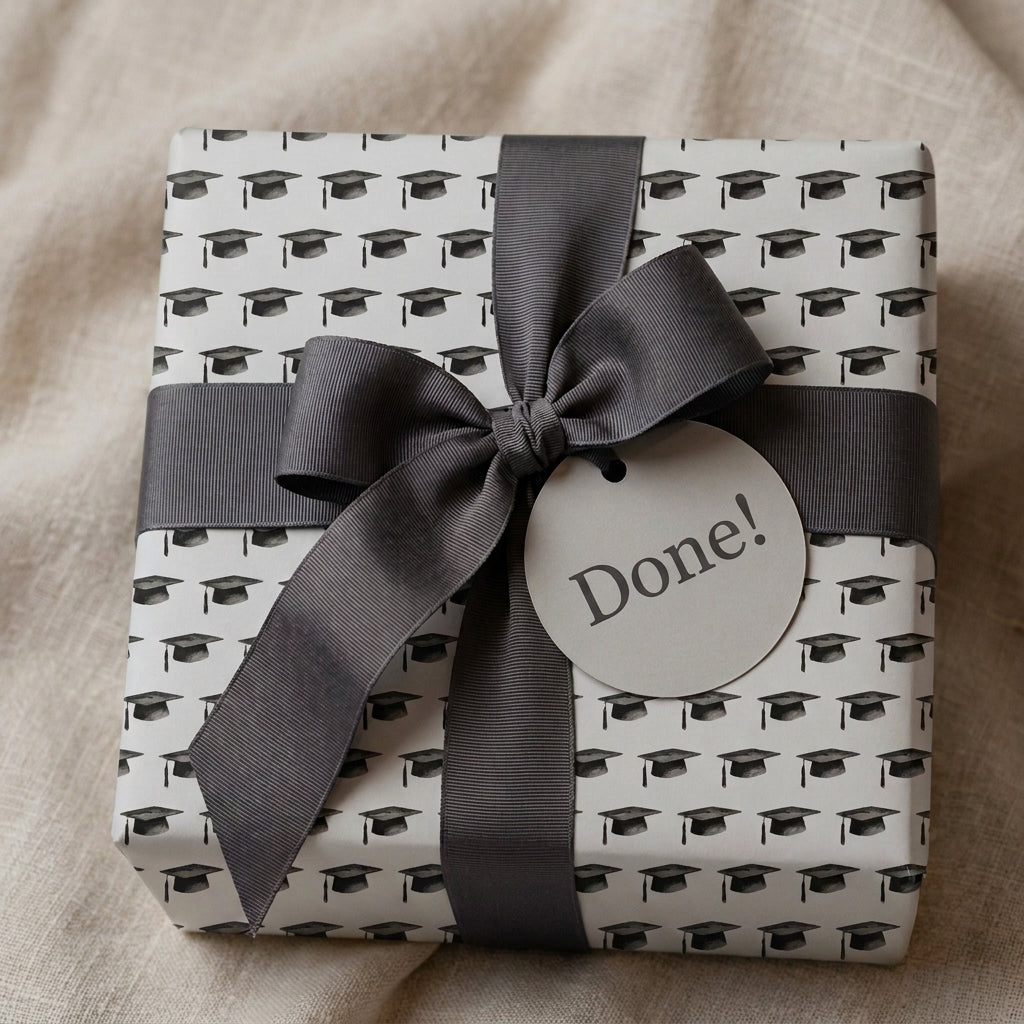 Graduation wrapping paper with black graduation caps, grey ribbon, and "Done!" tag by Wrapped Studios.