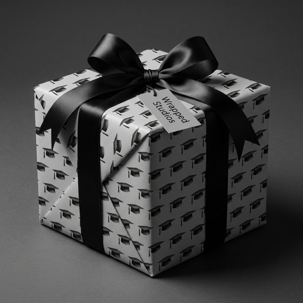 Graduation gift wrap with black and white mortarboard pattern and a satin bow, by Wrapped Studios.