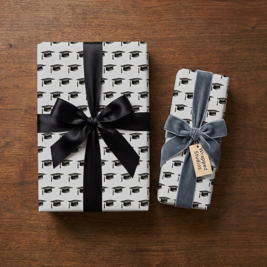 Graduation cap wrapping paper on gifts with elegant black and grey bows by Wrapped Studios.