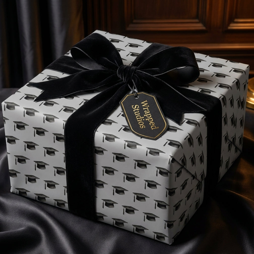 Graduation wrapping paper with black mortarboards and luxury velvet bow by Wrapped Studios.