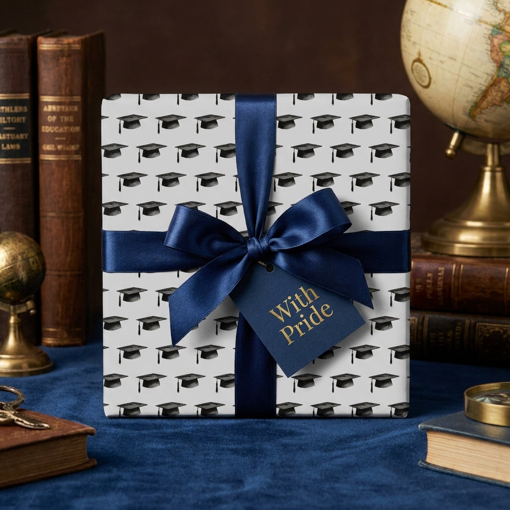 Graduation wrapping paper with black mortarboard caps and navy blue ribbon by Wrapped Studios.
