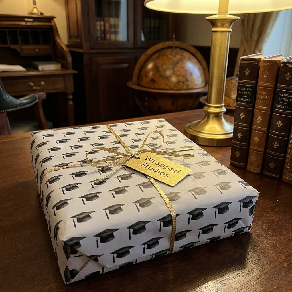 Graduation wrapping paper with black caps and gold ribbon by Wrapped Studios on a classic study desk.