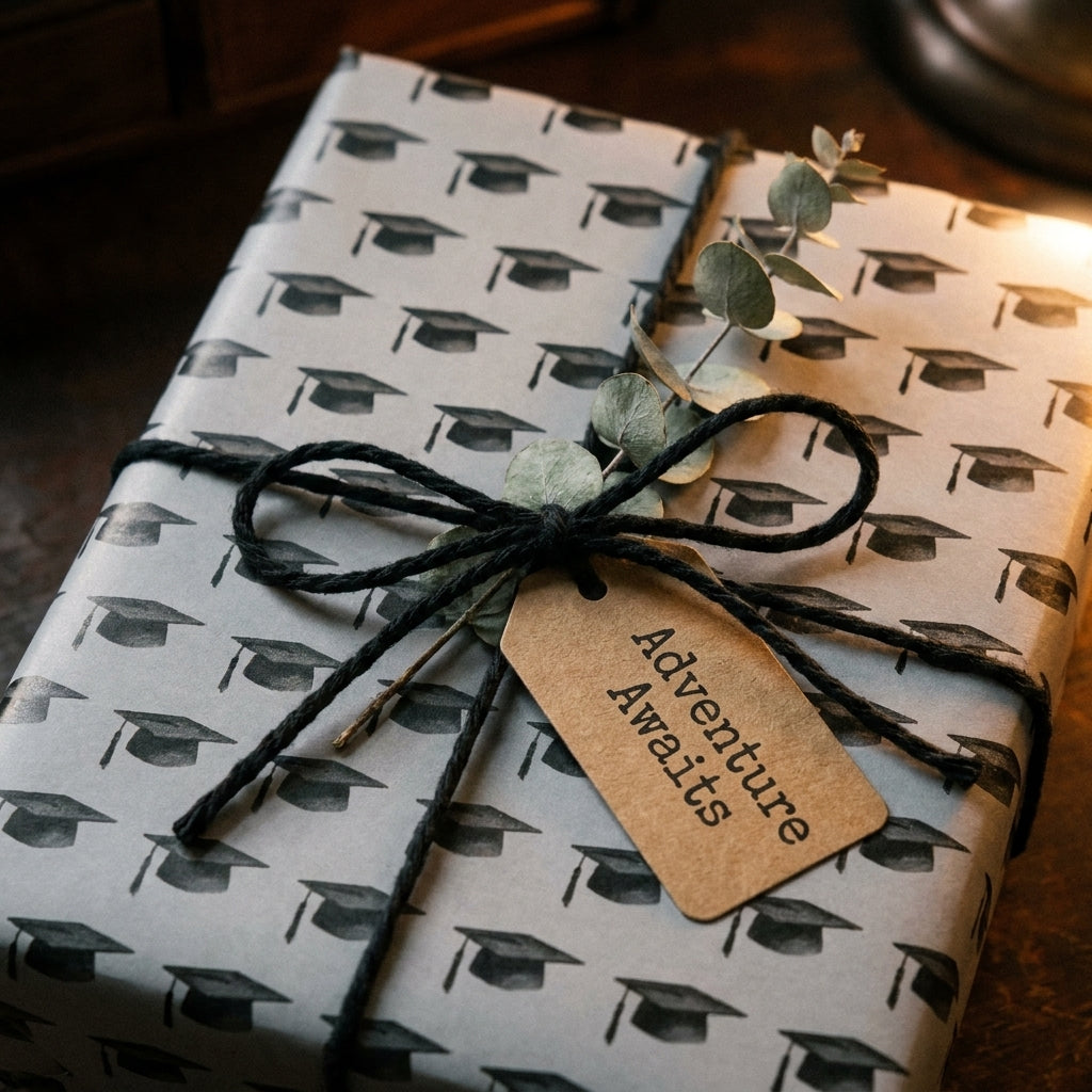 Graduation wrapping paper with black mortarboard cap pattern and twine by Wrapped Studios.