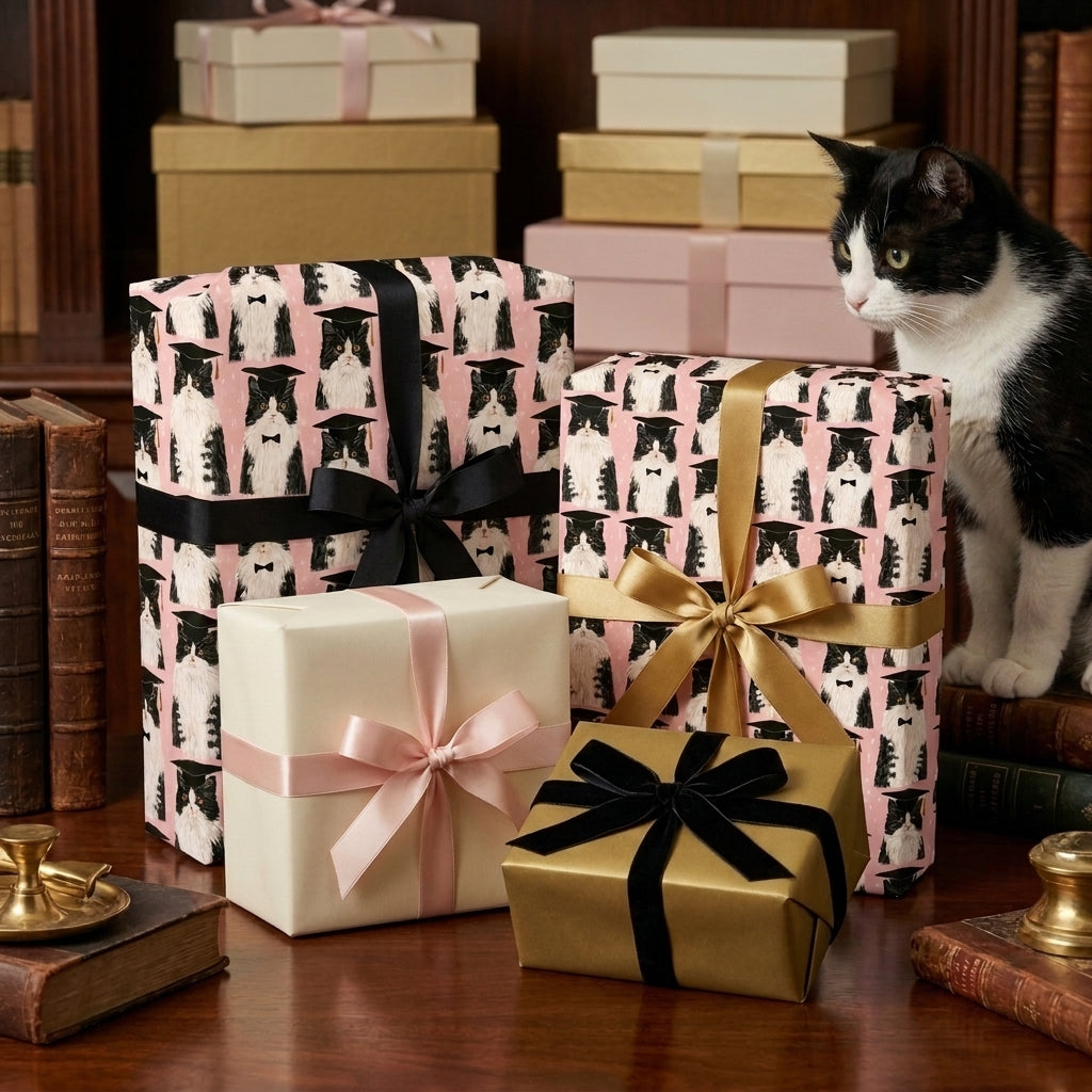 Pink graduation cat wrapping paper featuring tuxedo cats in caps and bows, by Wrapped Studios.