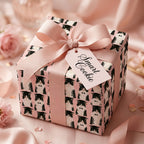 Pink cat graduation wrapping paper with a "Smart Cookie" tag by Wrapped Studios.