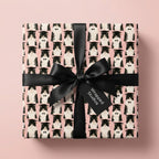 Cute cat graduation wrapping paper in pink with tuxedo cats and black satin bow, by Wrapped Studios.