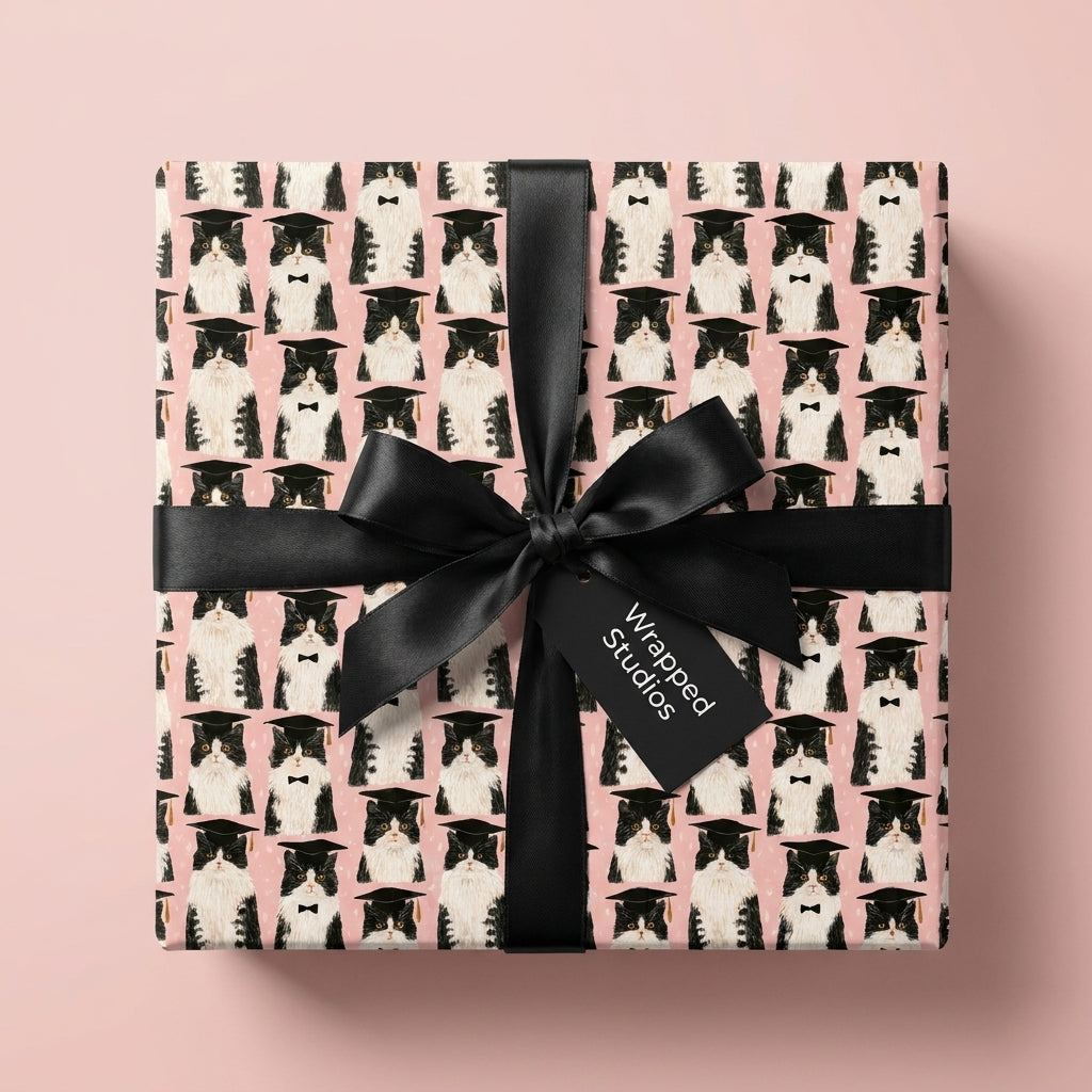 Cute cat graduation wrapping paper in pink with tuxedo cats and black satin bow, by Wrapped Studios.