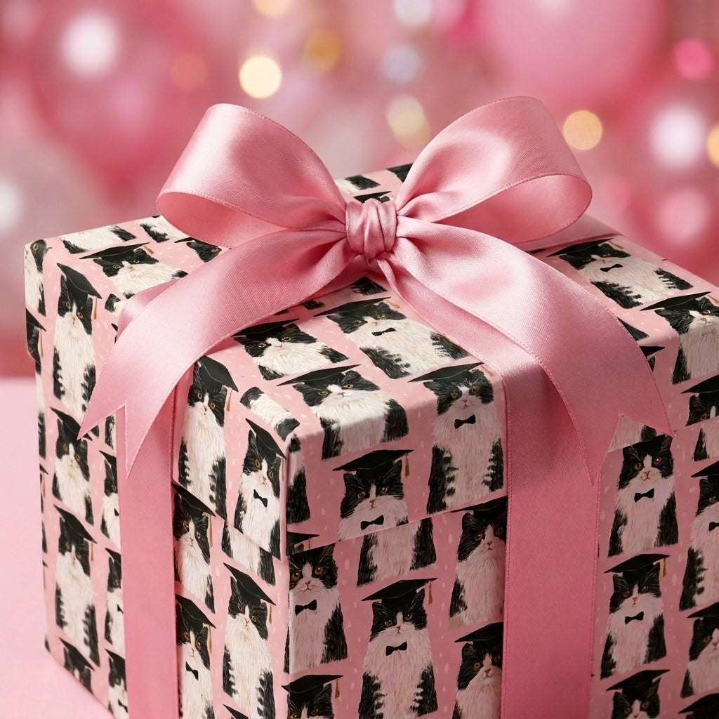 Pink graduation wrapping paper with cute tuxedo cats in graduation caps and a satin bow by Wrapped Studios.