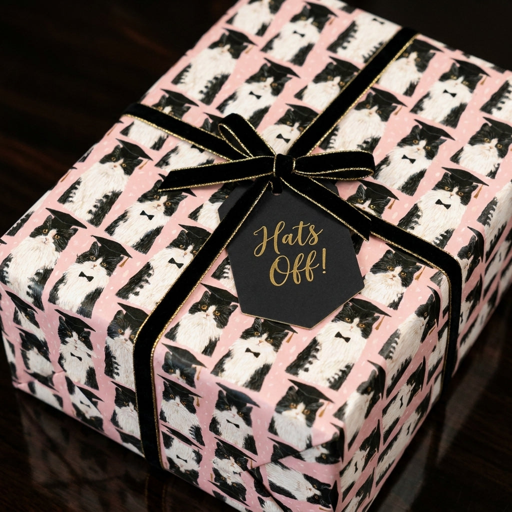 Pink cat graduation wrapping paper with a black velvet ribbon and "Hats Off" tag by Wrapped Studios.