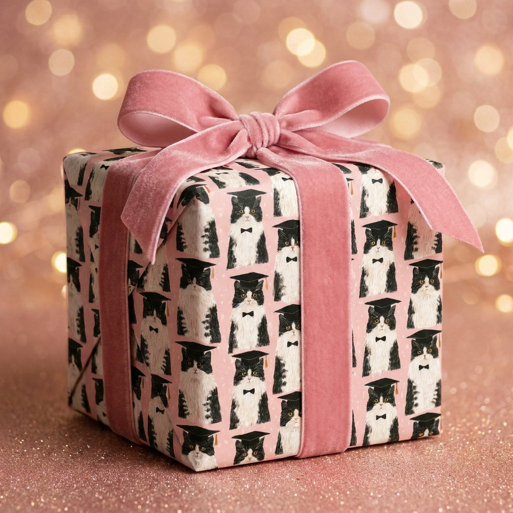 Cute tuxedo cat graduation wrapping paper with a pink velvet bow on a gift box, by Wrapped Studios.