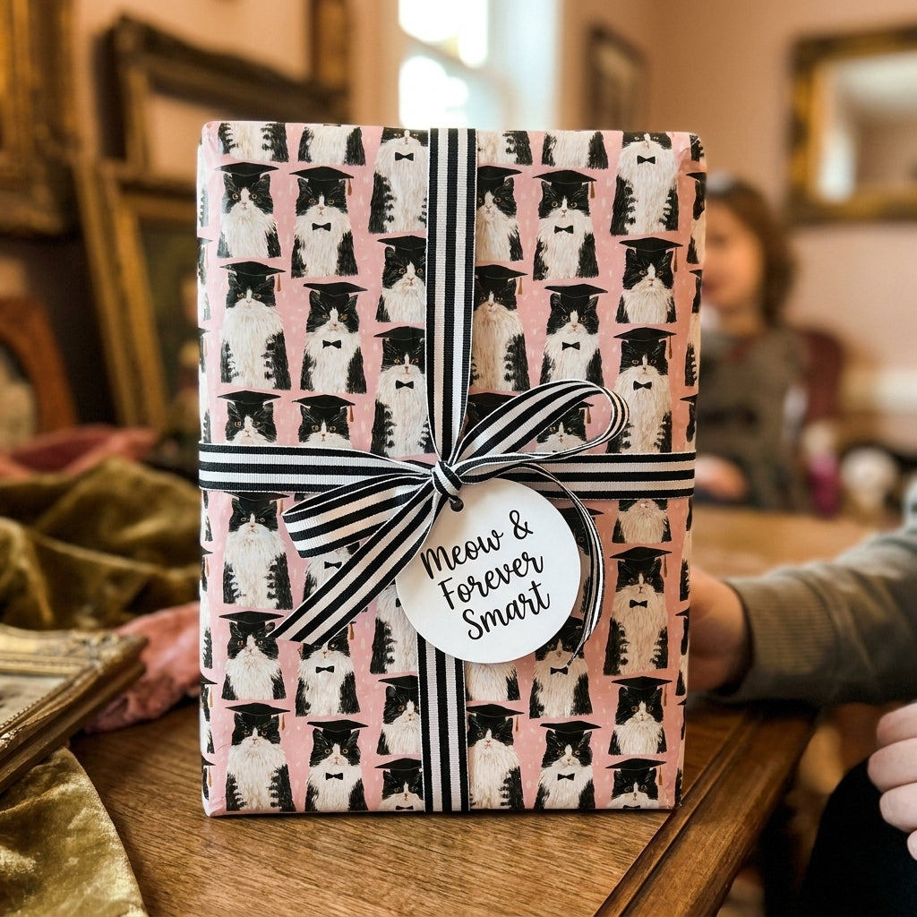 Pink cat graduation wrapping paper with tuxedo cats in caps and striped ribbon by Wrapped Studios.