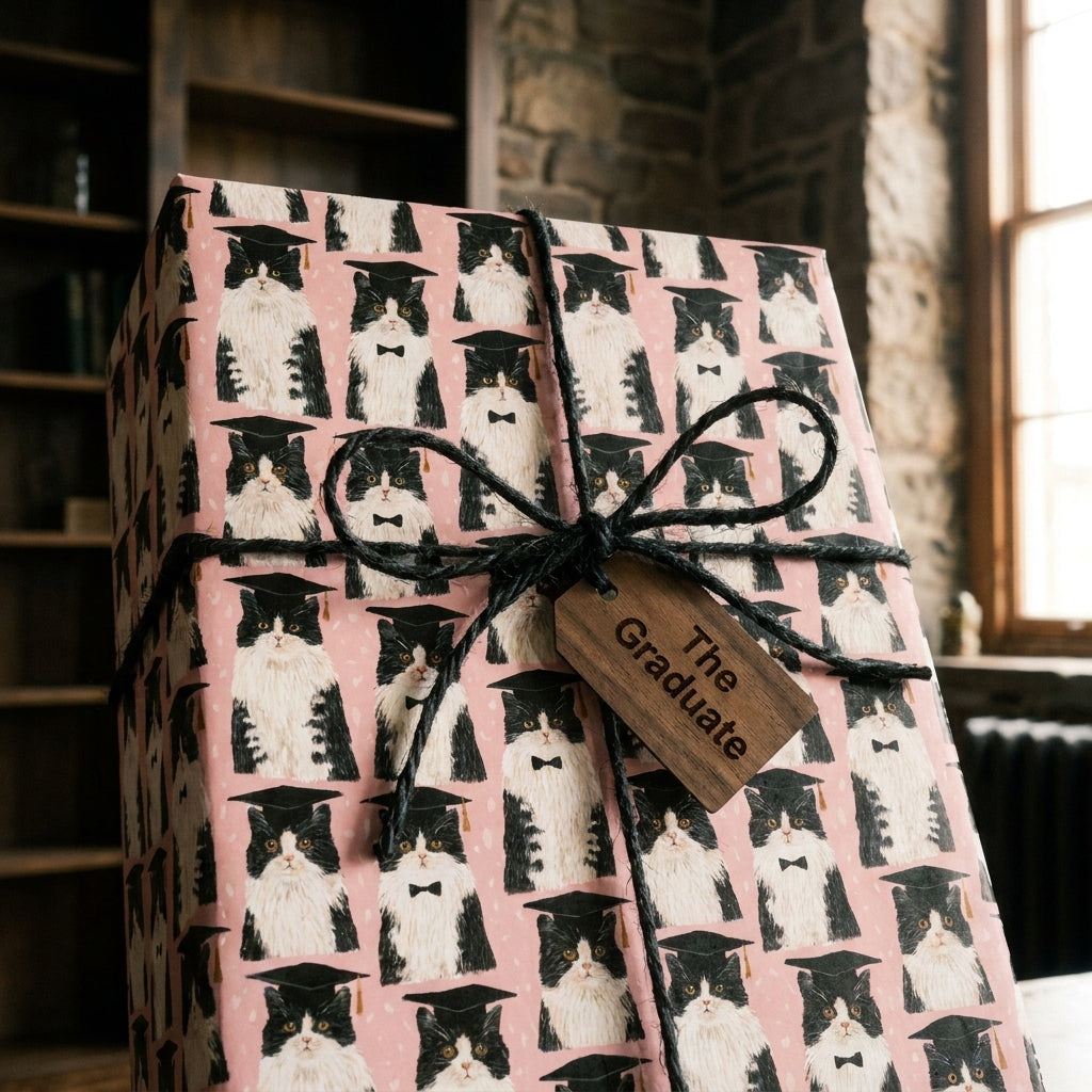 Funny pink cat graduation wrapping paper with black twine and wooden tag by Wrapped Studios.