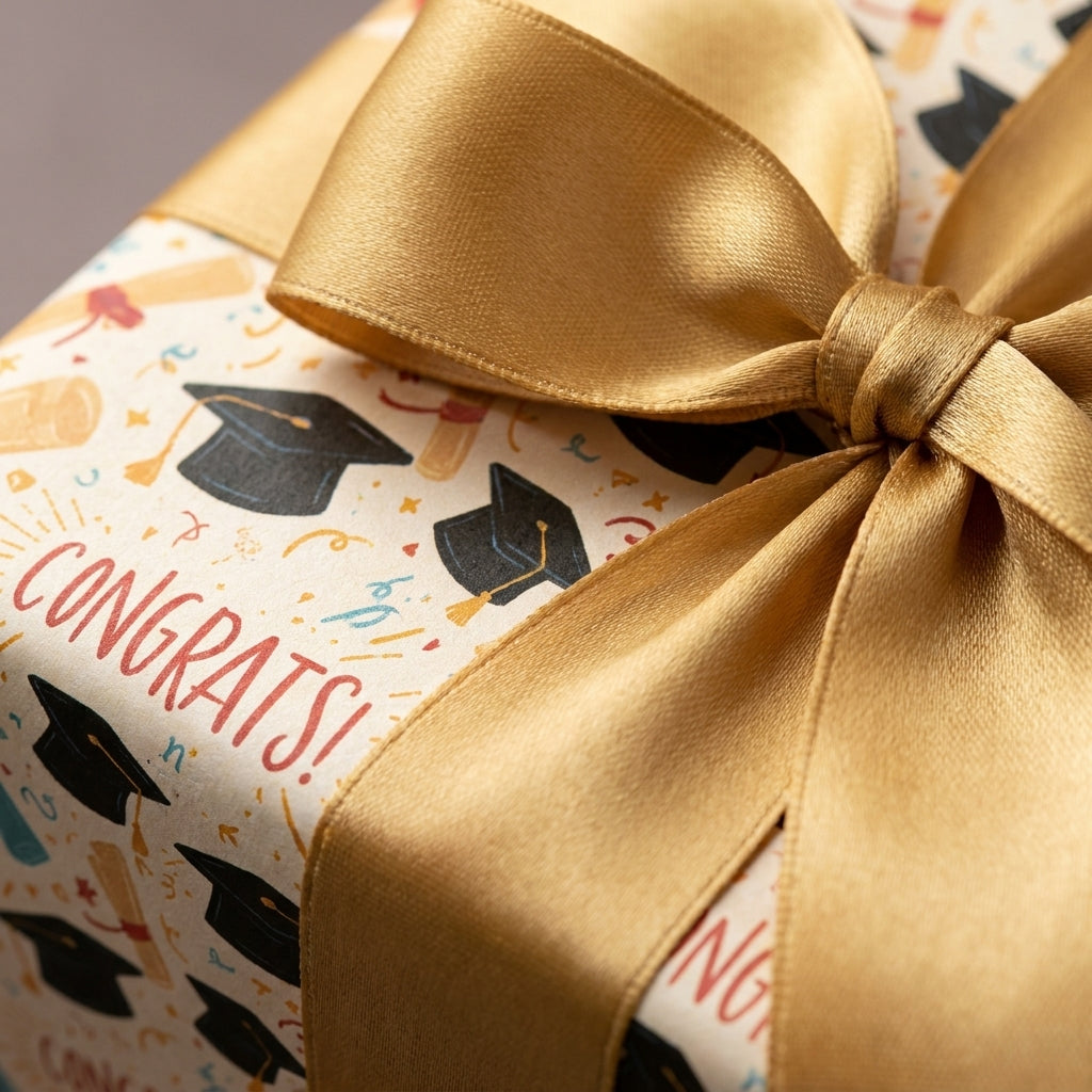 Graduation wrapping paper with congrats print and a large gold satin bow, from Wrapped Studios.