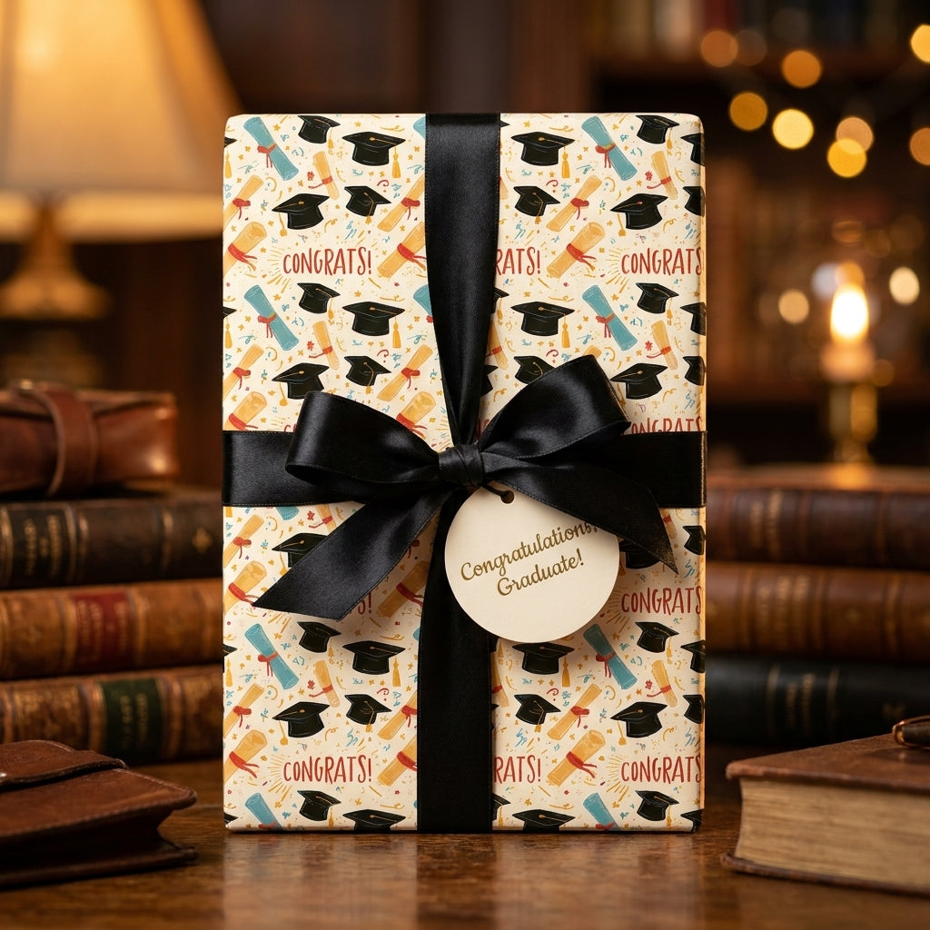 Congrats graduate wrapping paper with caps and black satin ribbon by Wrapped Studios.