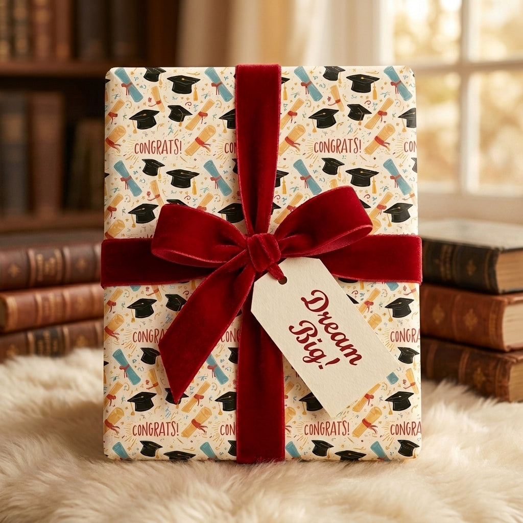 Graduation wrapping paper with caps and diplomas, tied with a red velvet bow by Wrapped Studios.