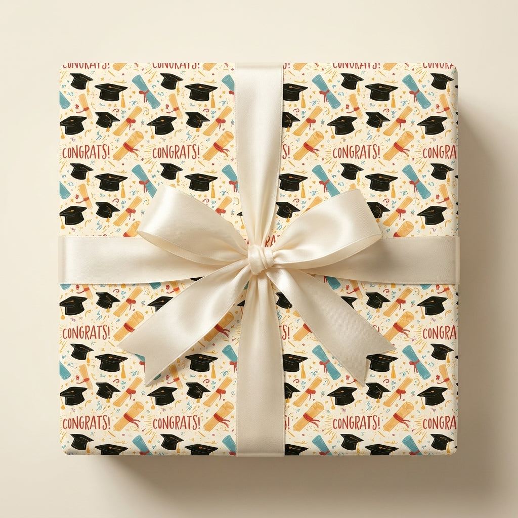 Congrats graduation wrapping paper with black caps, tied with a cream satin ribbon bow by Wrapped Studios.