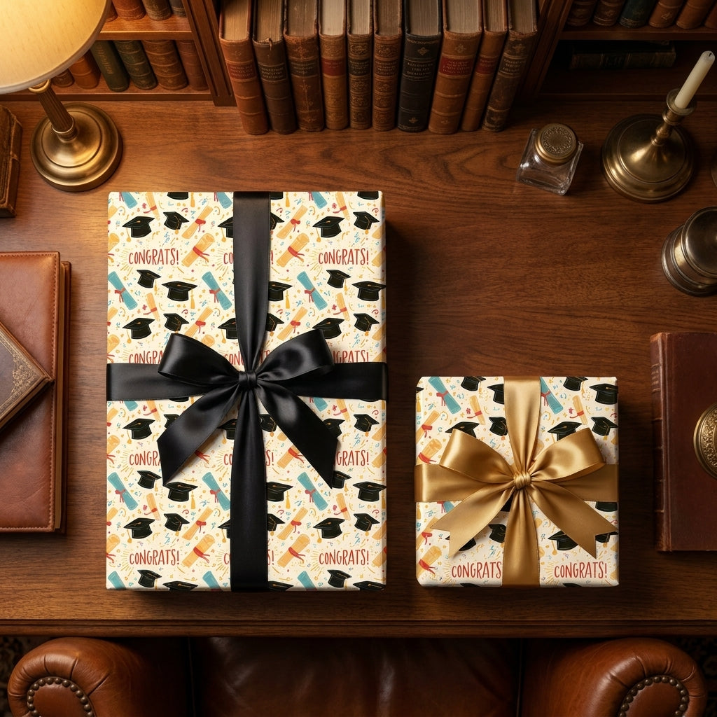 Congrats graduation gift wrap with black and gold ribbons on a wooden desk by Wrapped Studios.
