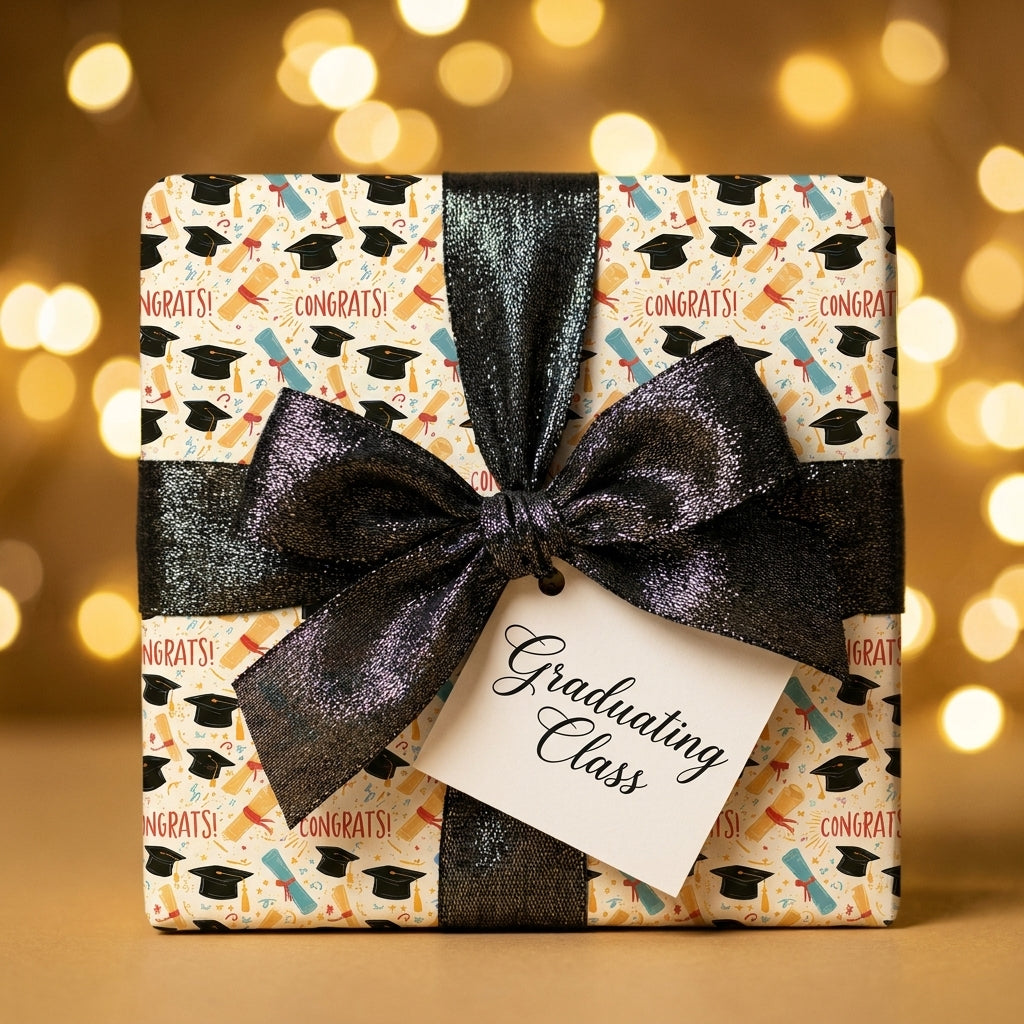 Graduation wrapping paper featuring caps and diplomas, with a black glitter bow by Wrapped Studios.