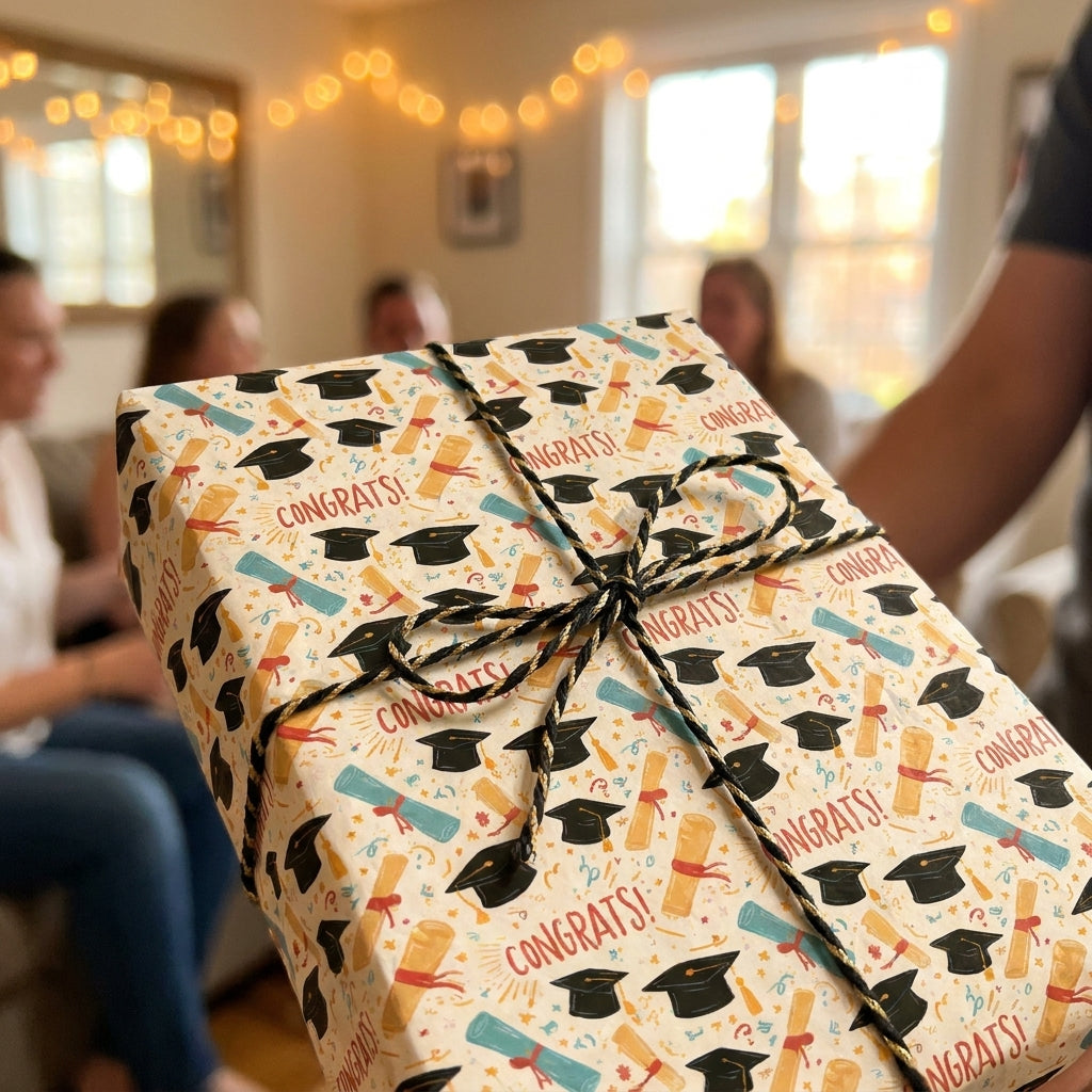 Graduation wrapping paper with caps and diplomas tied with twine on a gift box by Wrapped Studios.
