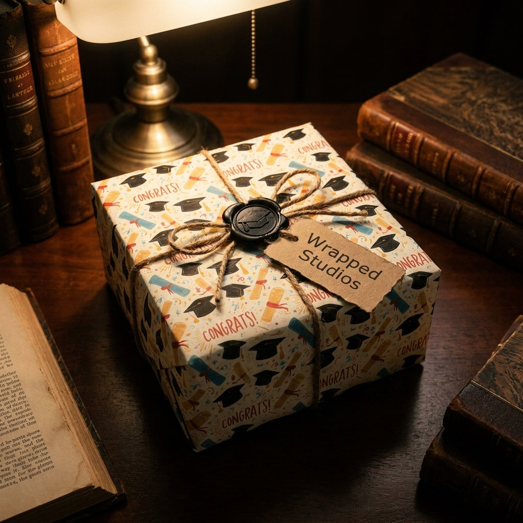 Graduation wrapping paper with caps and diplomas on a box with twine and wax seal, by Wrapped Studios.