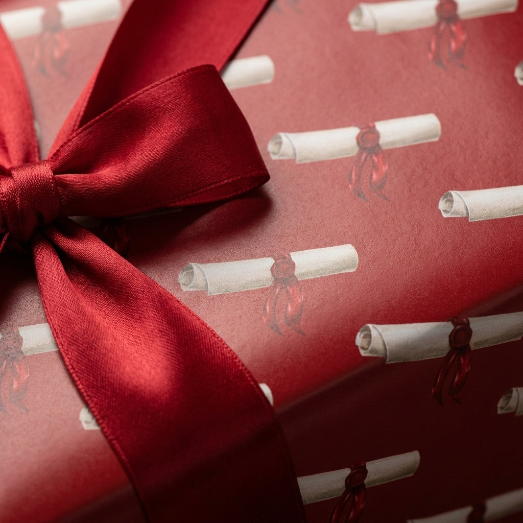 Red graduation wrapping paper with a diploma scroll pattern and satin ribbon bow, by Wrapped Studios.