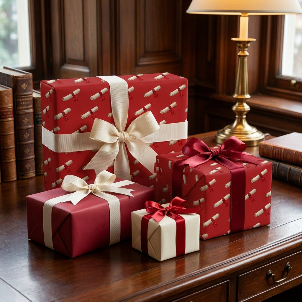 Luxury graduation gift wrap with red diploma pattern and cream ribbons by Wrapped Studios.