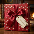 Graduation gift wrap with red diploma pattern, satin bow, and congratulations tag by Wrapped Studios.