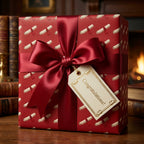 Graduation gift wrap with red diploma pattern, satin bow, and congratulations tag by Wrapped Studios.