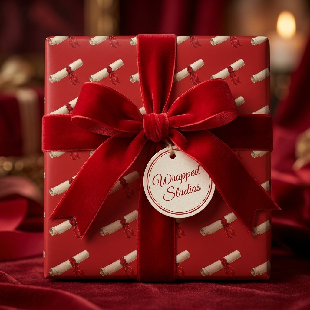 Luxury graduation wrapping paper with a vintage scroll pattern and red velvet bow by Wrapped Studios.